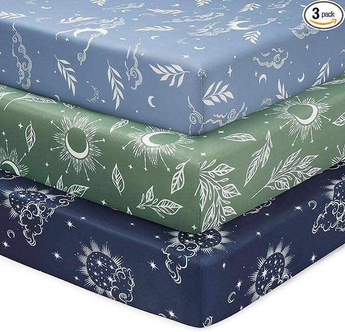 Baby Mini Crib Sheets Boy, Portable 38”x26” Pack and Play Sheets Fitted for Playard and Pack N Play Mattress, 3-Pack Soft Microfiber Blue Green Starry Sky