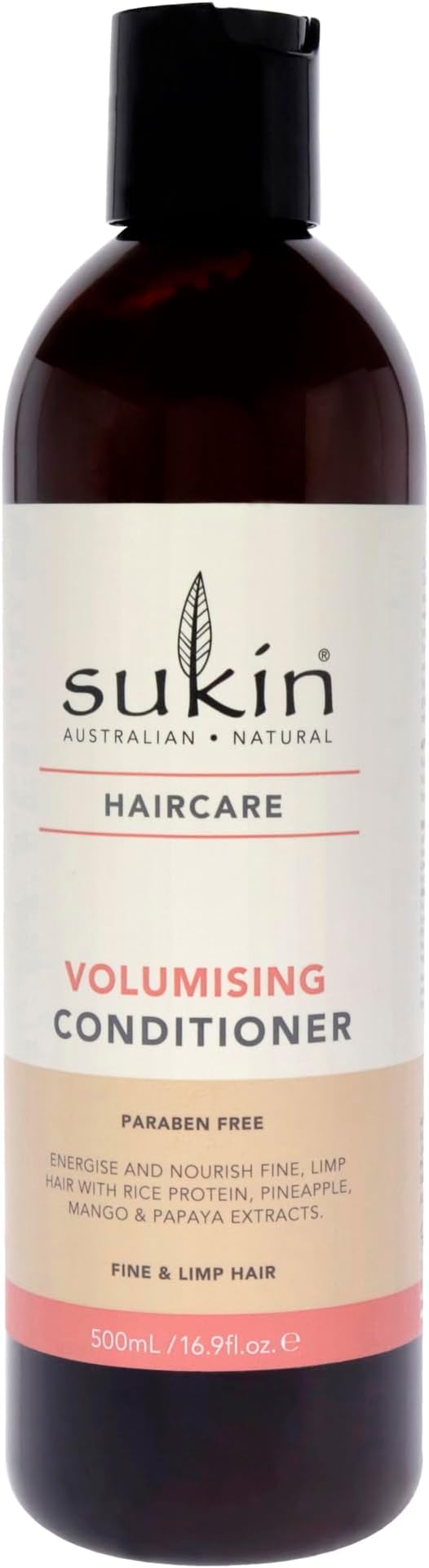 Sukin Volumising Conditioner 500ml - for fine & limp hair, gives the hair volume - with Rice Protein, Pineapple, Mango, Papaya & Vitamin E; cruelty free & vegan friendly.