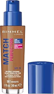 Rimmel Match Perfection Foundation 501 Noisette, Medium Coverage, 24hr Hydration, No Caking or Creasing, Lightweight, Reduces Imperfections, Invisible Coverage, SPF20, Cruelty Free