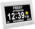 YCOO Dementia Clock, Day Date Digital Clock with Sun/Moon Icons, Large Clear Digital Display, Auto DST, 7 Display Modes, Wired Power Supply Clocks. (7 Inch White)