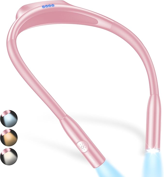 Gritin Neck Reading Light Rechargeable, Book Light Lamp with Memory Function for Reading at Night, 3 Eye-Protecting Modes - Stepless Dimming, Long Battery Life, Comfortable & Flexible -Pink