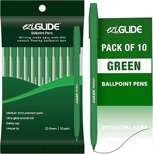 10-Pack Ballpoint Pen Set, Green - Smooth Writing Action-Medium Point 1.0mm Multipack - Ball Point Pens Ideal Pens for School, Home or Work Stationery Supplies