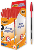 BIC Cristal Original Ballpoint Pens, Medium Point (1.0mm), Every-Day Writing Pens With Clear Barrel, Red, Box Of 50
