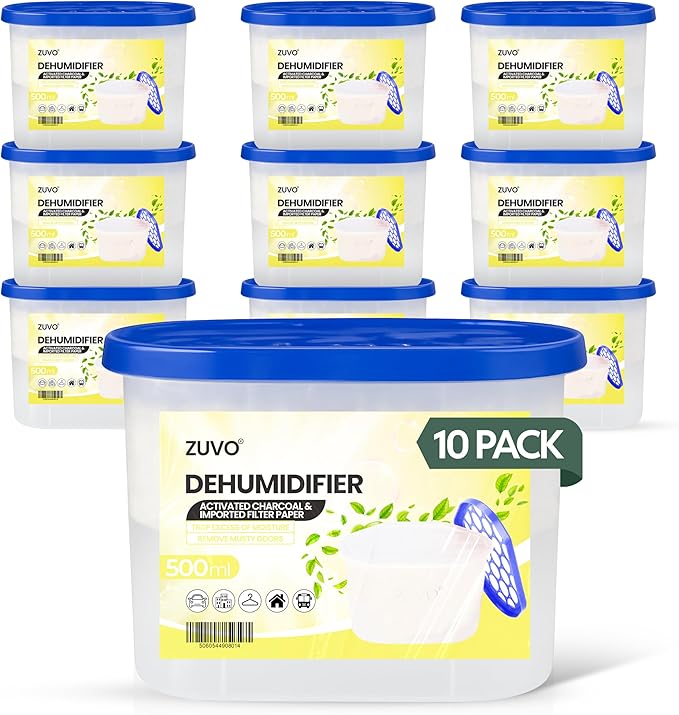 Zuvo Dehumidifier 500ml Pack of 10 | Disposable Moisture Absorber & Damp Trap for Home, Wardrobe, Bathroom | Condensation Absorbers & Humidity Control | Cupboard, Window & Interior Dehumidifiers