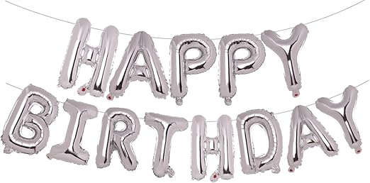 Happy Birthday Balloons Banner, 16 Inch Silver Mylar Foil Letter Balloons Alphabet Letter Sign Banner Balloon Bunting Reusable for Women Men Boys Girls Birthday Decorations and Party Supplies