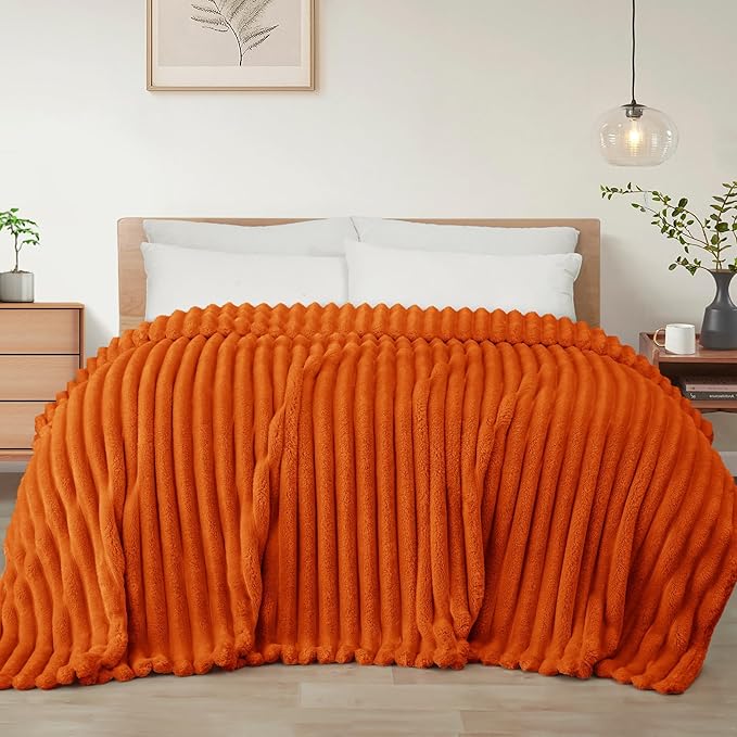 Exclusivo Mezcla Double Size Flannel Fleece Blanket, Super Soft Striped Jacquard Bed Blanket, Lightweight Fuzzy Cozy for All Seasons, 150x200 CM, Burnt Orange Blanket