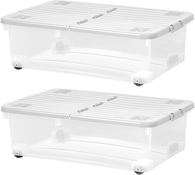 Muddy Hands Pack of 2 Under Bed Storage Boxes with Lids & Wheels - 32 Litre Large Clear Plastic Stackable Containers for Clothes, Bedding & Shoes (60 x 40 x 18.5cm)