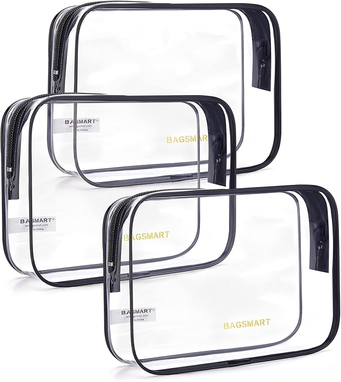 BAGSMART Clear Toiletry Bag, 3 Packs Waterproof Travel Makeup Cosmetic Organiser TSA Approved Airport Security Liquids Bags,Travel Essential for Toiletries, Black