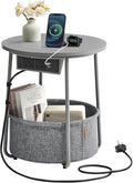 VASAGLE Side Table with Charging Station, Round End Table with Power Outlets, USB Ports, Fabric Basket, Living Room, Bedroom, Bedside Table, Modern, Dove Grey and Slate Grey LET228G03