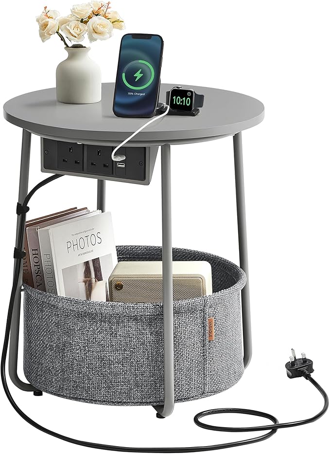 VASAGLE Side Table with Charging Station, Round End Table with Power Outlets, USB Ports, Fabric Basket, Living Room, Bedroom, Bedside Table, Modern, Dove Grey and Slate Grey LET228G03