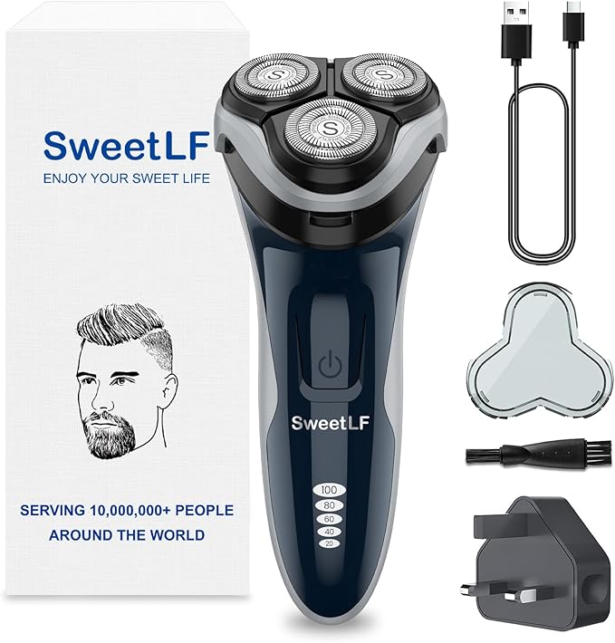 SweetLF Electric Razor for Men, 120 Min Shaving, Fast UK Adapter (1H Charging),100% Waterproof, Wet & Dry Rotary Shavers for Men with Pop-up Trimmer, LED Display, Dark Blue