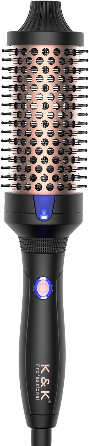 K&K Thermal Brush Keratin Protect Heated Barrel Hot Hair Brush Ionic Smooth Shine Volumize Comb Dual Voltage Hair Straightener Curler Styling Tool 45 mm UK Plug (Black, 45mm)
