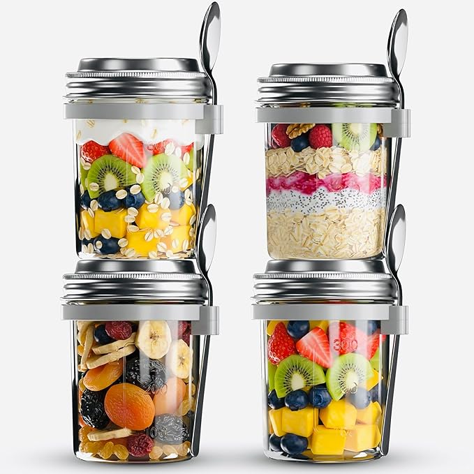 4-Pack Glass Breakfast Jars with Airtight Stainless Steel Leakproof Lids & Spoons – BPA-Free Mason Jars for Overnight Oats, Yogurt, Smoothies, Porridge & Healthy On-the-Go Snacks