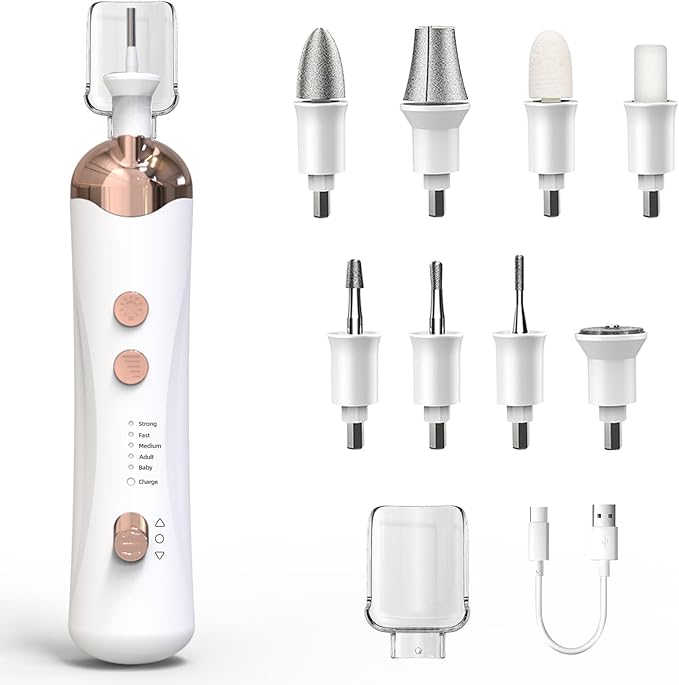Electric Nail File, Professional Nail Drill, Electric Manicure Pedicure Set with 8 Drill Bits, 5 Modes Adjustable Nail Drill, Electric Nail File Set for Gel/Acrylic Nails (White)