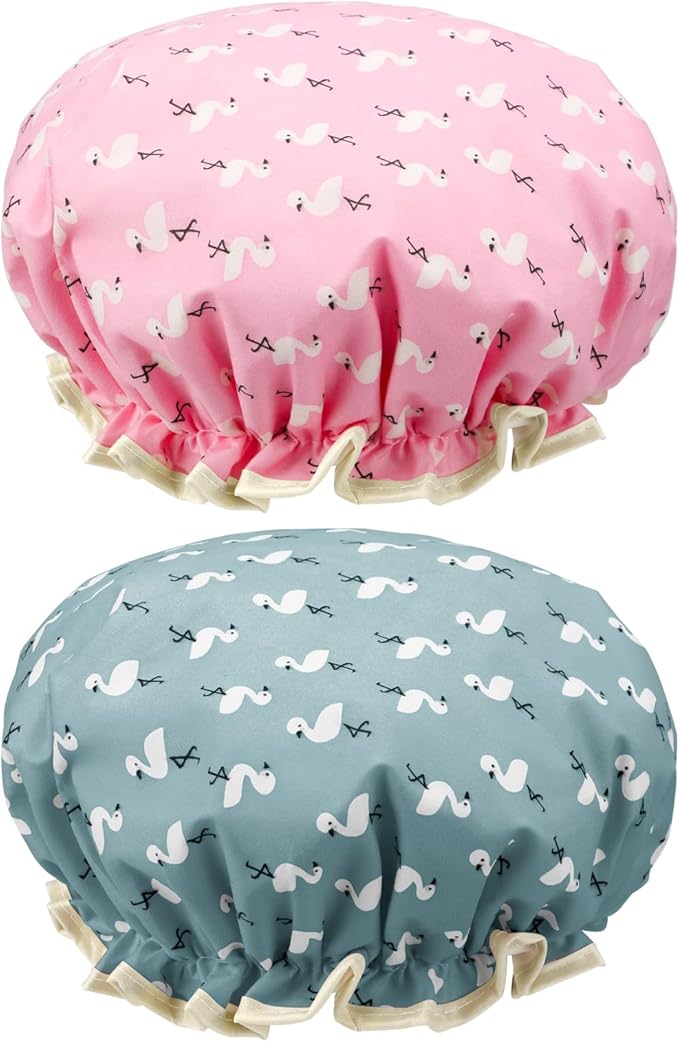 2 Pcs Shower Cap Elastic Band Waterproof Bath Caps Double Layers Reusable With Ruffled Edge Covering Ears for Girls and Women