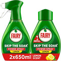 Fairy Skip the Soak Dish Spray Kit, Lemon, 1.3L (650ml Spray + 650ml Refill), 100% Grease Removal for Dishes & Surfaces