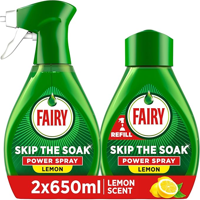 Fairy Skip the Soak Dish Spray Kit, Lemon, 1.3L (650ml Spray + 650ml Refill), 100% Grease Removal for Dishes & Surfaces
