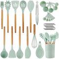 AHASON'S 33-Piece Kitchen Utensil Set with Holder – Mint Green Silicone Cooking Utensils with Wooden Handles, Non-Stick & Heat Resistant Kitchen Tools for Baking, Frying & Home Cooking