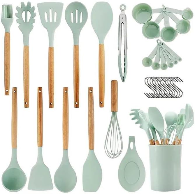 AHASON'S 33-Piece Kitchen Utensil Set with Holder – Mint Green Silicone Cooking Utensils with Wooden Handles, Non-Stick & Heat Resistant Kitchen Tools for Baking, Frying & Home Cooking