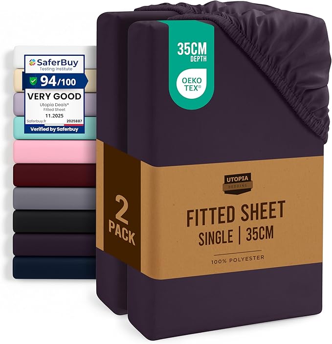 Utopia Bedding Fitted Sheet Single (2 Pack), Purple - Deep Pocket 14 inch (35 cm) - Oeko Tex Certified - Easy Care - Soft Brushed Microfibre Fabric - Shrinkage and Fade Resistant - Bottom Sheet