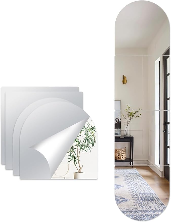 Hode 4 Pieces Self Adhesive Mirror Tiles 30x30cm (2mm Thick), Acrylic Full Length Stick on Mirror Stickers, Flexible Tiles for Wall, Bathroom, Bedroom
