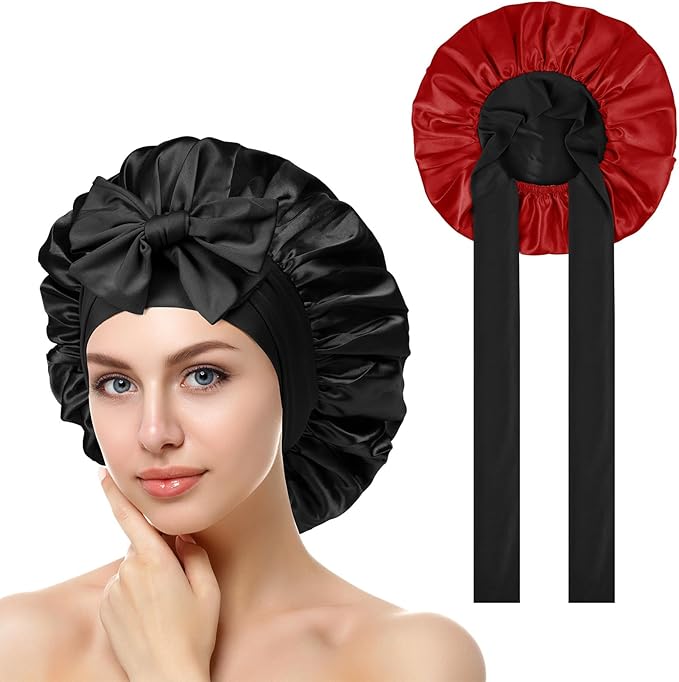 ACWOO Satin Caps for Sleeping, Adjustable Silk Cap, Double Layer Soft Satin Sleep Cap, Silk Sleep Caps with Wide Band for Women and Girls (Black)