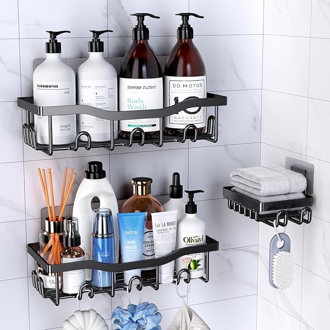 Rustproof Stainless Steel Shower Caddy 3 Pack, Bathroom Storage Accessory Shelf Organiser No Drilling Hanging, Soap Holder Set, Kitchen Wall Mounted Corner Decor, Silver