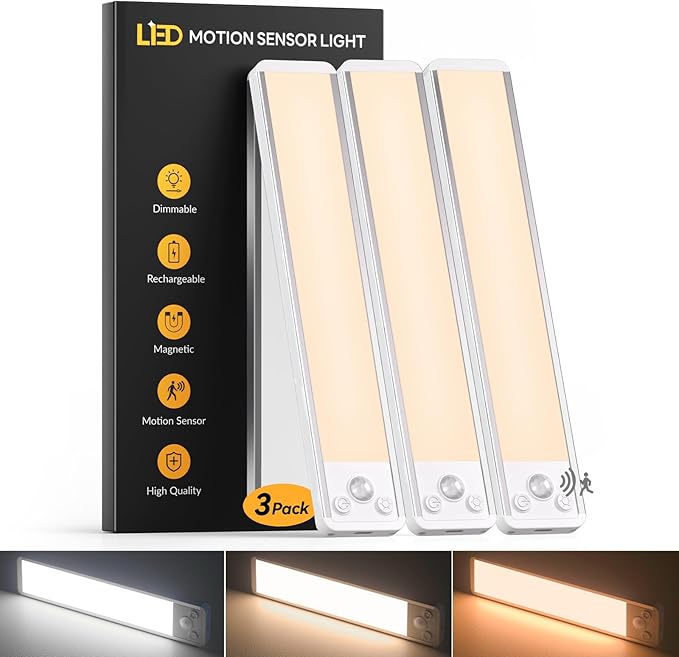 Motion Sensor Under Cupboard Kitchen Lights 20CM - 3-Color Under Cabinet Lighting, Dimmable & Rechargeable Led Strip Light, Magnetic Wireless Indoor Light for Shelf|Stairs |Wardrobe|Closet, 3 Pack[Energy Class G]