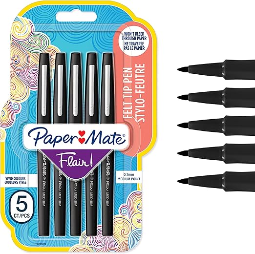 Paper Mate Flair Felt Tip Pens | Medium Point (0.7 mm) Writing Pens | Black Pens | For Writing, Drawing & Sketching | 5 Count