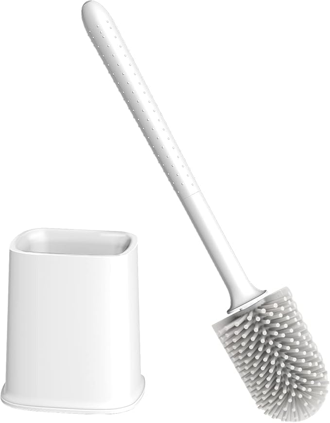 Canvint Silicone Toilet Brush With Holder Set, Dead Corner Deep Cleaning, Quick Drying, Flexible No-Slip Long Plastic Handle for Bathroom (White)