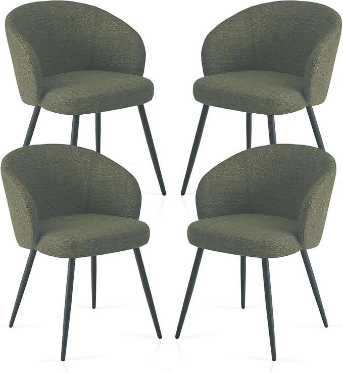 Set of 4 Chunky Weave Fabric Upholstered Dining Chairs with Arms and Metal Legs for Dining Room, Kitchen, Living Room, Home Office (4, Green)