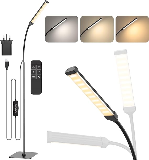 Floor Lamp with Remote Control, 120 LED 10 W, 3 Colours & 10 Brightnesses, Flexible Arm for Living Room/Bedroom/Office[Energy Class E]