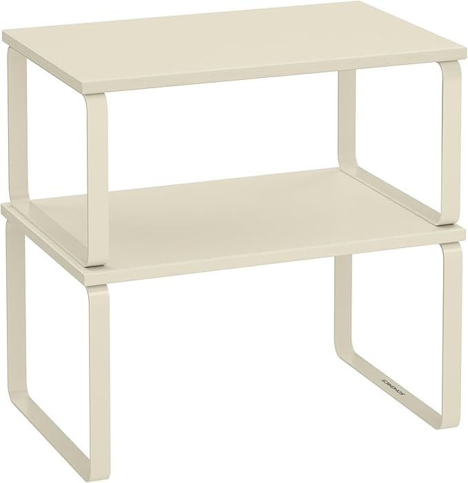 SONGMICS Spice Rack, Set of 2 Cupboard Shelf Organisers, Expandable Kitchen Shelf Organiser, Stackable Spice Holder, Metal and Engineered Wood, Cream White KCS002W02