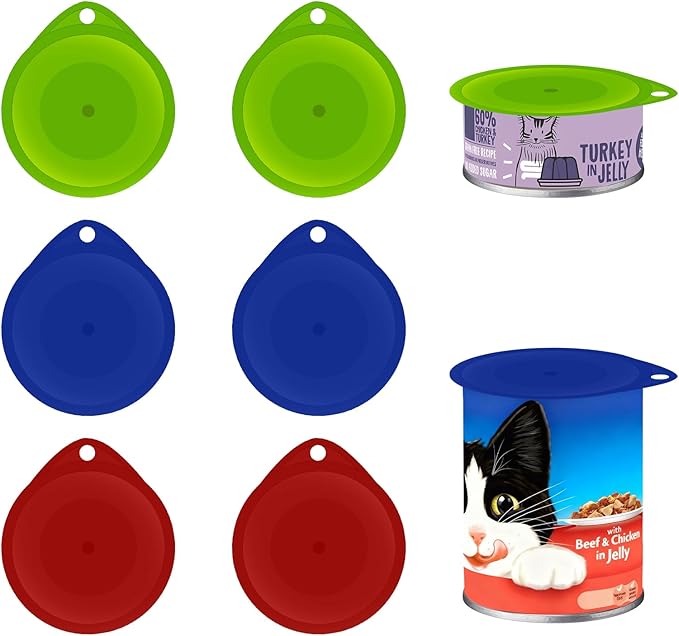 Plastic Can Lids for Tins, Universal Airtight Food Lids, Fits Tin Cans for Pet, Food Storage, Reusable Durable Silicone Tin Covers 6 Piece Set (2 Green, 2 Blue, 2 Red）