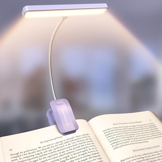 Glocusent 26 LED Reading Light, Book Light with 5 Colours & 5 Brightness - Eye-Protecting, Stepless Dimming, Large Lamp Area, Long Lasting up to 90hr, 360° Flexible Perfect for Book Lovers (Lilac)