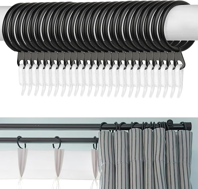 Curtain Rings, 24pcs Black Metal Rings with 24pcs Plastic Hooks, Drape Sliding Curtain Hanging Ring for Pole Rod, 30 mm Internal Diameter
