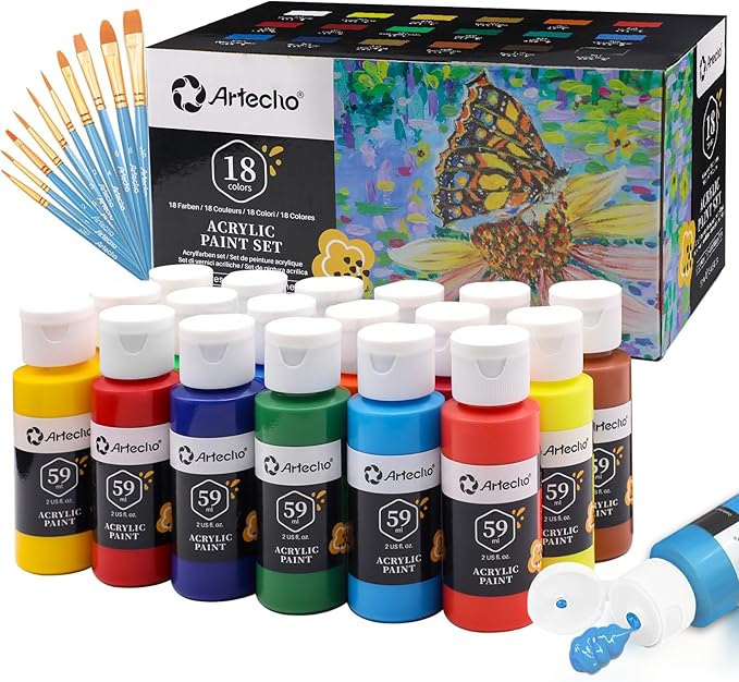 Artecho Acrylic Paints Set 18 Colors 2 Ounce/59ml with 10 Art Brushs, Non Toxic, Model Paint, Waterproof Paint, Acrylic Paint Kit for Canvas, Crafts, Glass, Clay, Wood, Fabric, Poster, Leather&Rock
