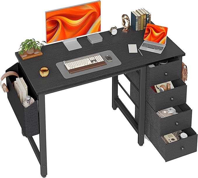BEXEVUE Desk with 4 Drawers, 100cm Comuputer Desk with Fabric Storage Drawers, Small Reversible Home Office Writing Table for Small Spaces, Black