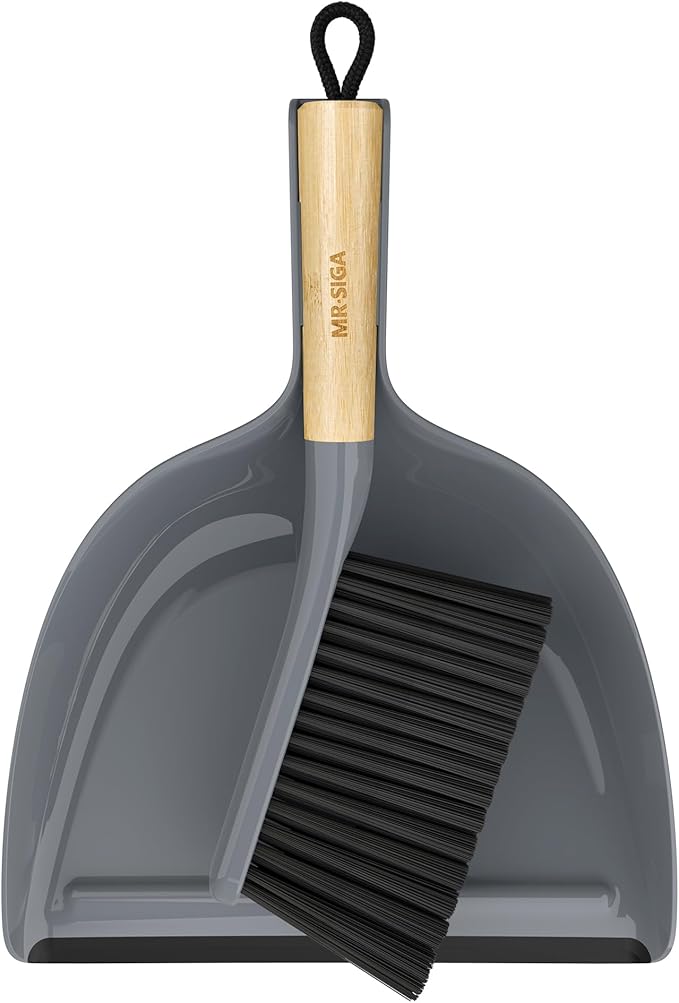 MR.SIGA Dustpan and Brush Sets, Dust Pan and Brush Bamboo Handle, Durable Bristles and Easy-Sweep Blade, Lightweight Design, Grey
