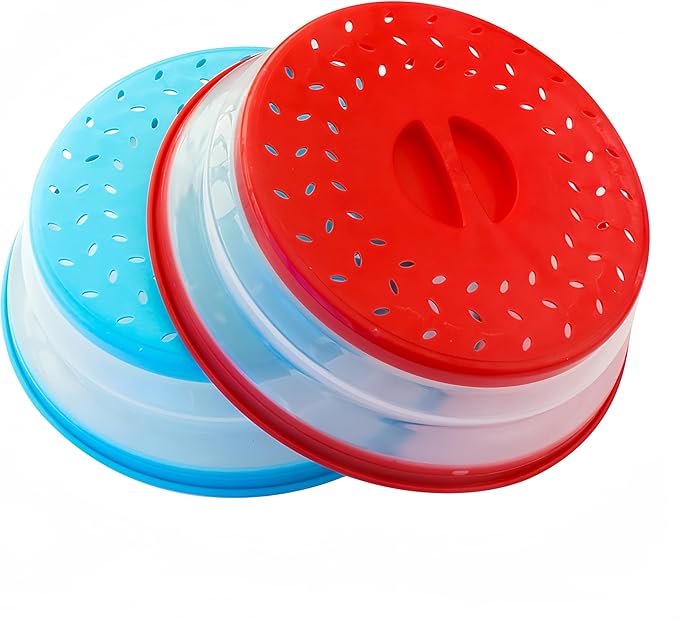 2Pack Collapsible Microwave Food Cover BPA Free TPR, 10.5inch, Round with Grip Handle & Hook Hole (Red+Blue)…