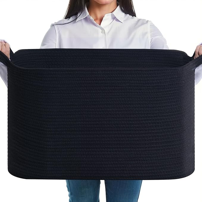 Large Storage Basket, Blanket Basket for Clothes Bedding, Woven Storage Baskets, Toy Storage for Kids, Rope Basket for Living Room, Nursery, Bedroom 55x38x30 cm (Black, 1 Pack)