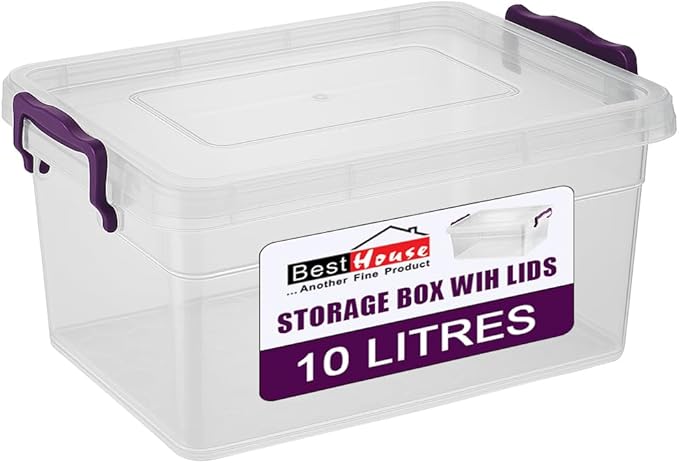 Best House Plastic Storage Box Bins with Lids - Pack of 1 - Heavy Duty, Stackable Clear Container Box Use for Home, office, Kitchen, Toys and Goods (10 Litres)
