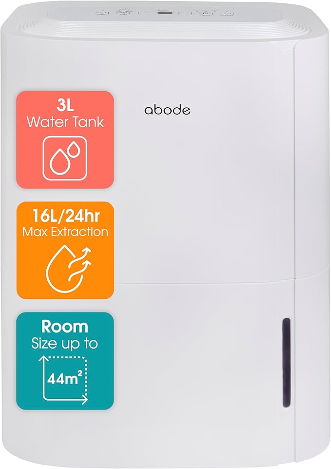 Abode Dehumidifier 16 Litre/Day with Digital Display for Damp, Mould & Moisture in Home, Kitchen, Bedroom, Office, Caravan, Laundry Drying, 44m2 Room Coverage, Smart Timer, White ADH1601