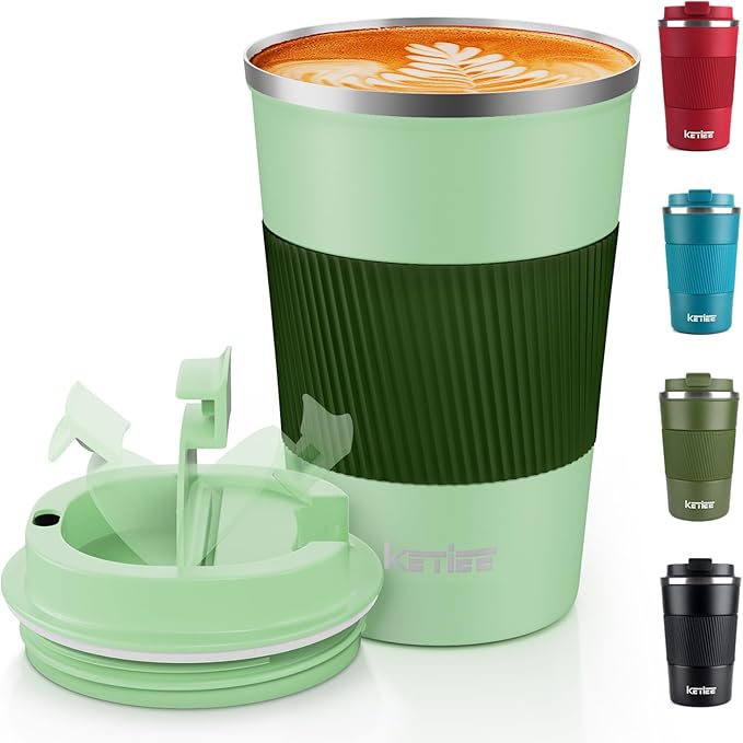 KETIEE Travel Mugs, 380ml Insulated Coffee Cup with Leakproof Lid,Reusable Coffee Cups Travel Cup,Coffee Travel Mug,Double Walled Coffee Mug,Stainless Steel thermaol Mug for Hot Cold Drinks,Green