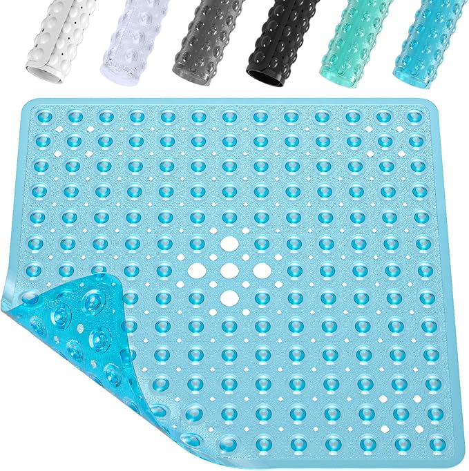 XIYUNTE Shower Mat Non Slip Anti Mould - 53 x 53cm Square Bath Mat Non Slip Shower Mats for Inside Shower, Anti Slip Shower Mat with Strong Suction Cups & Drain Holes, Machine Washable, Clear Blue
