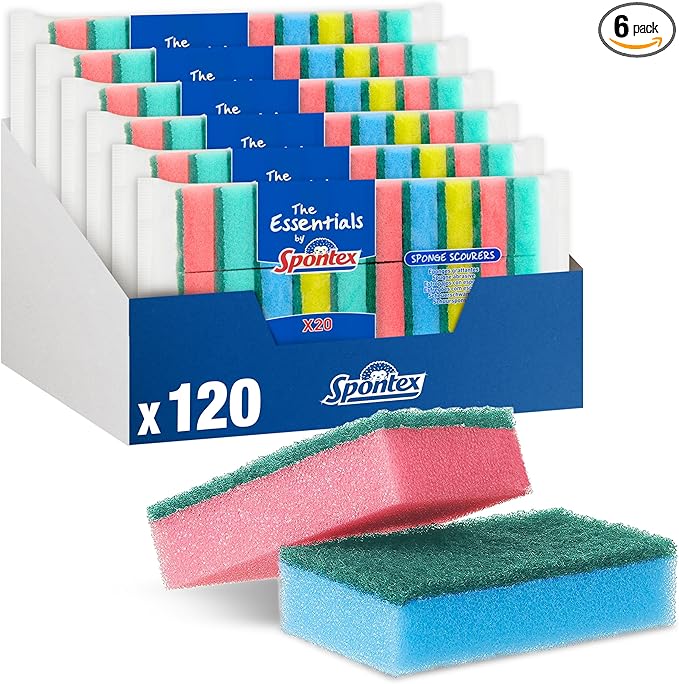 Spontex The Essentials Washing Up Sponge Scourers | Hard Wearing & Versatile | 6 x 20 Pack (120 Total)
