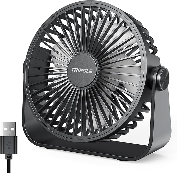 TriPole USB Desk Fan, 3 Speeds Adjustable Strong Wind Table Fan, 360° Head Rotatable 1.5 m Cable Personal Desktop Fans, 4.5 Inches Portable Mini Fan for Table Home Bedroom Office Indoor Outdoor, Black