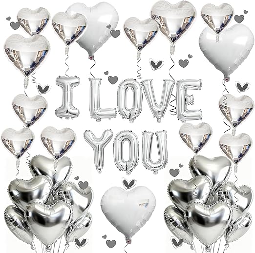 I Love You for Him/Her Balloons 31PCS Silver 18 Inch Heart Balloons Banner Romantic Decoration Kit for Valentines Party Wedding Engagement Galentines Day Bridal Shower Anniversary Decor