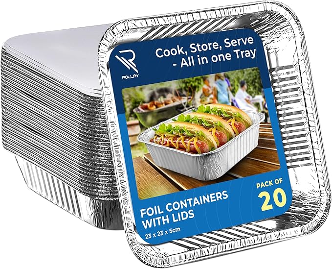 20-Pack Aluminium Foil Trays with Paper Lids, 9x9 Inch Foil Food Containers with Lids – Oven & Freezer Safe Takeaway, Baking, and Storage Square Trays