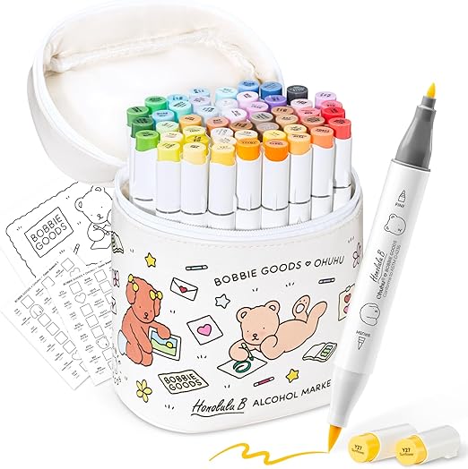 Ohuhu × Bobbie Goods Alcohol Markers, 48 Colours Brush & Fine Dual Tips Seamless Blending Ink Refillable Art Marker Set for Artists for Bobbie Goods Colouring Books Drawing Sketching Illustration